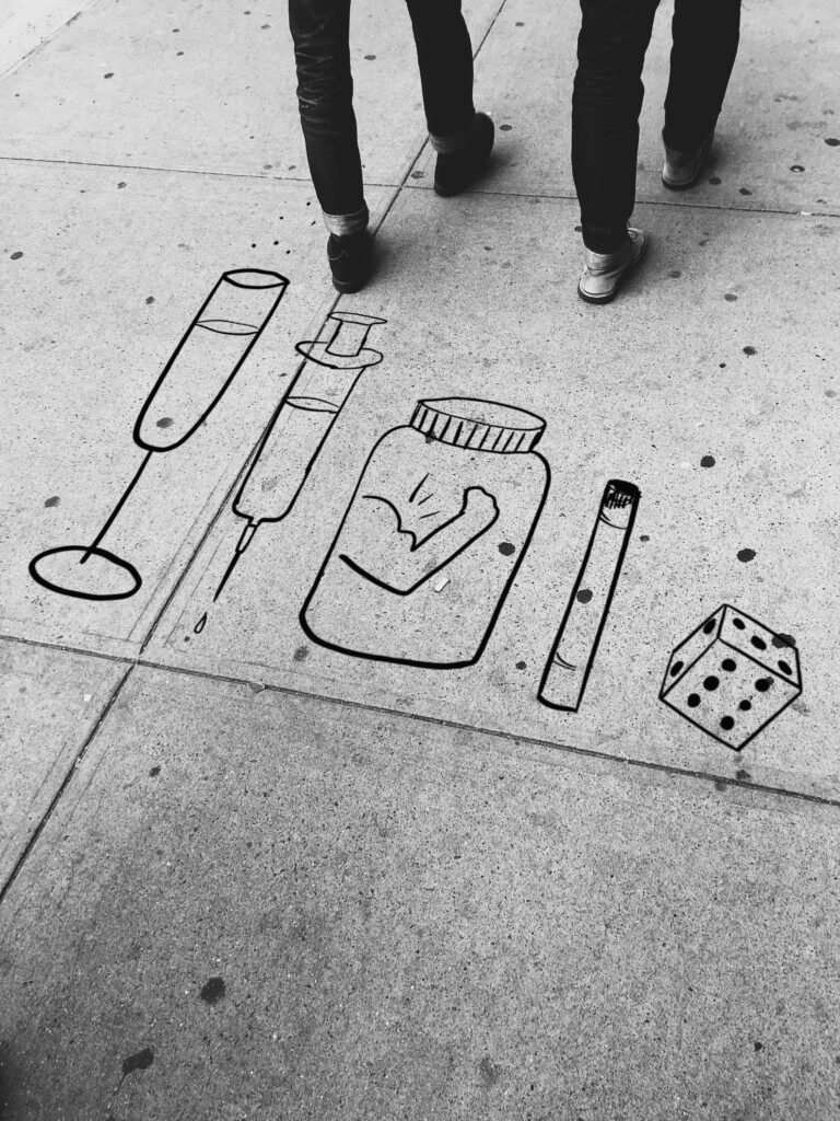Illustration av alkohol, narkotika, dopning, tobak och spel om pengar.