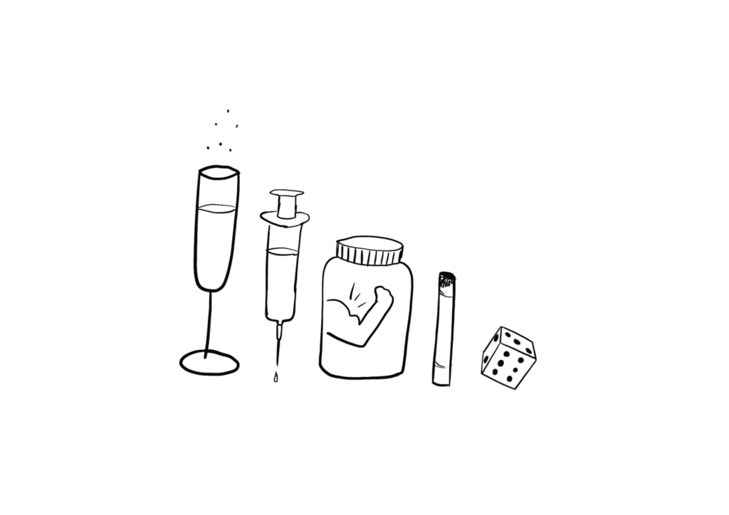 Bilden visar en glas bubbel, en spruta, en tablettburk, en cigarett och en tärning.