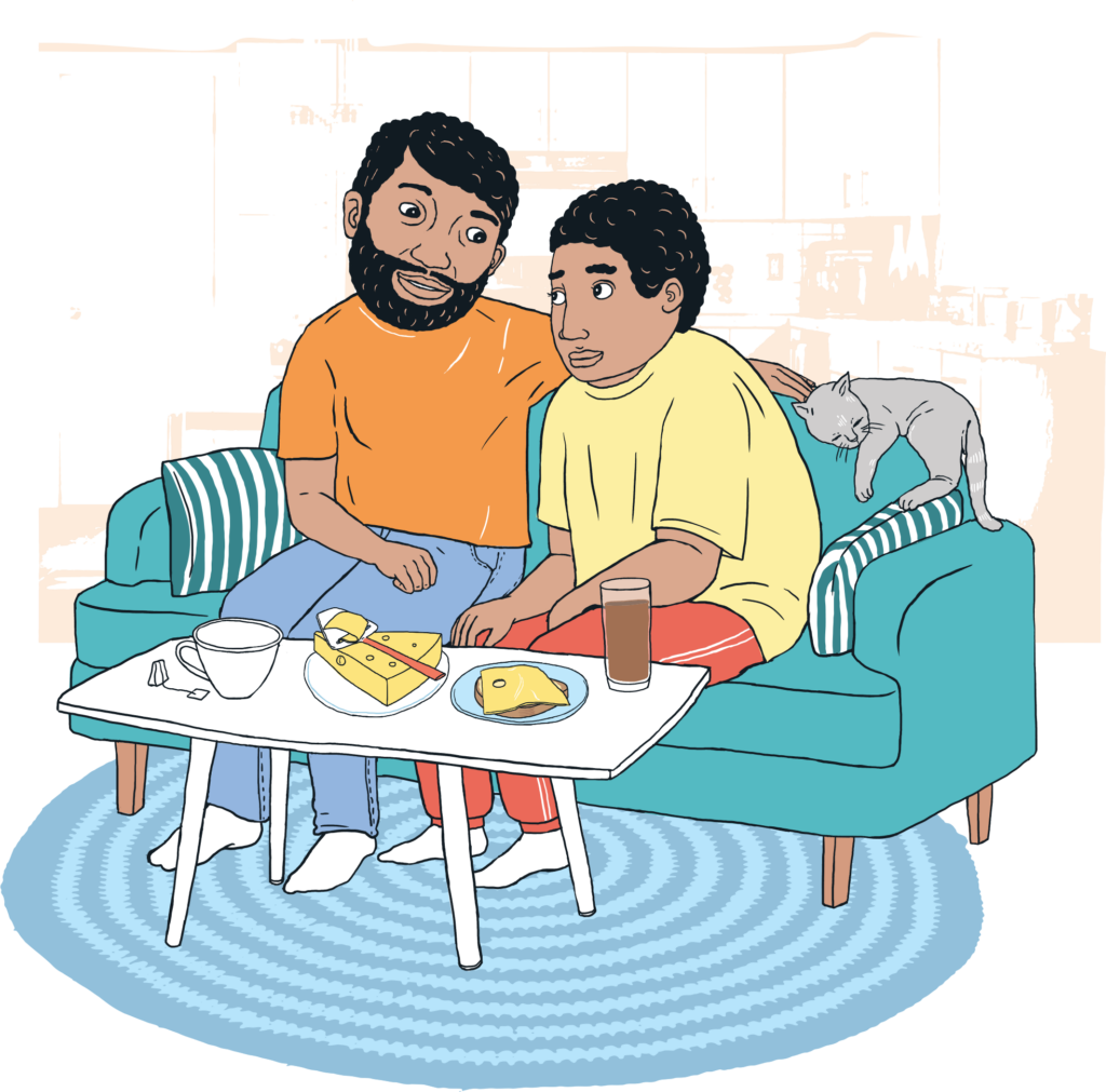 En förälder och en ungdom sitter och pratar i en soffa efter att ha ätit smörgås. Illustration.