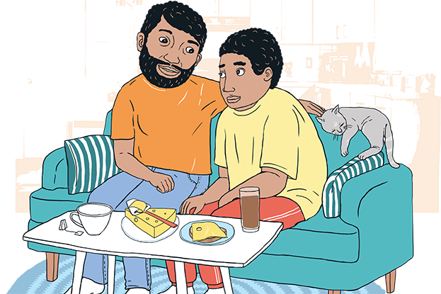 En förälder och en ungdom sitter och pratar i en soffa efter att ha ätit smörgås. Illustration.