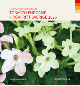 Bilden visar framsidan på regional handlingsplan 2018-2025 Tobacco endgame rökfritt Sverige 2015. En tobakslomma.